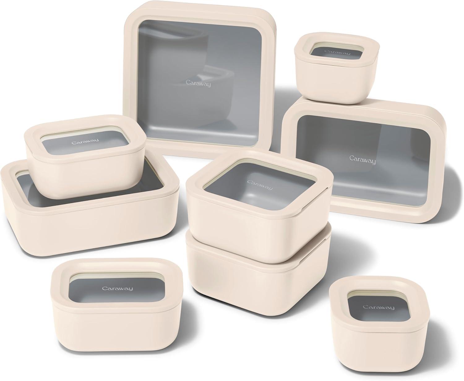 imageCaraway 13pc Glass Food Storage Container Set Easy to Store Non Toxic Lunch Box with Glass Lids Includes Storage Organizer SageCream