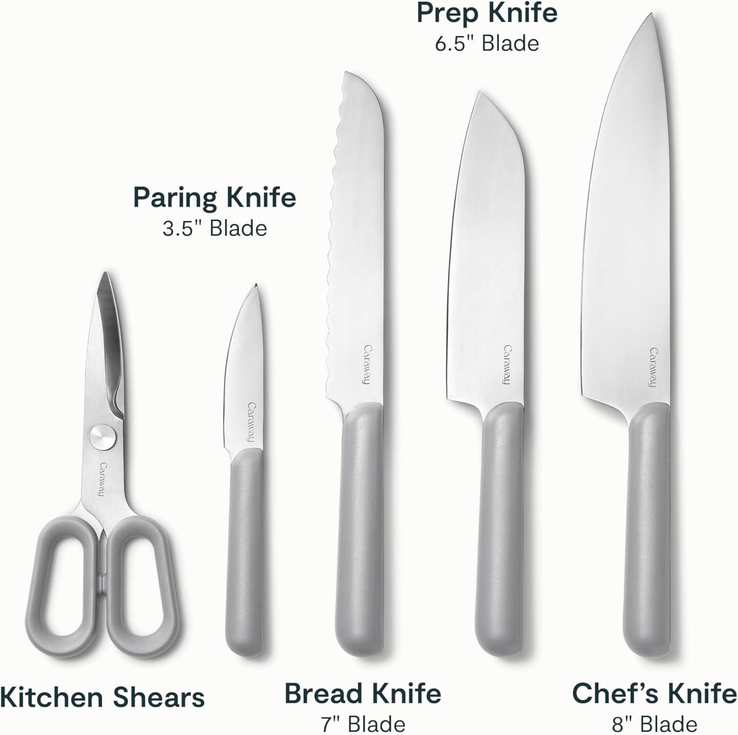 imageCaraway 14Piece Kitchen Prep Set Kitchen Knife Set amp Wooden Utensil Set Made With Premium German Steel Blades amp FSCCertified Birch Wood NonToxic Materials Includes Organizer CreamGray