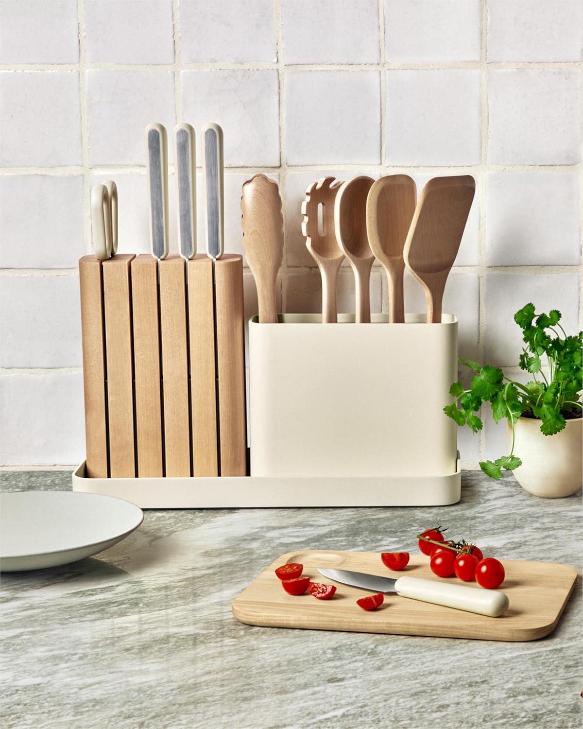 imageCaraway 14Piece Kitchen Prep Set Kitchen Knife Set amp Wooden Utensil Set Made With Premium German Steel Blades amp FSCCertified Birch Wood NonToxic Materials Includes Organizer CreamGray