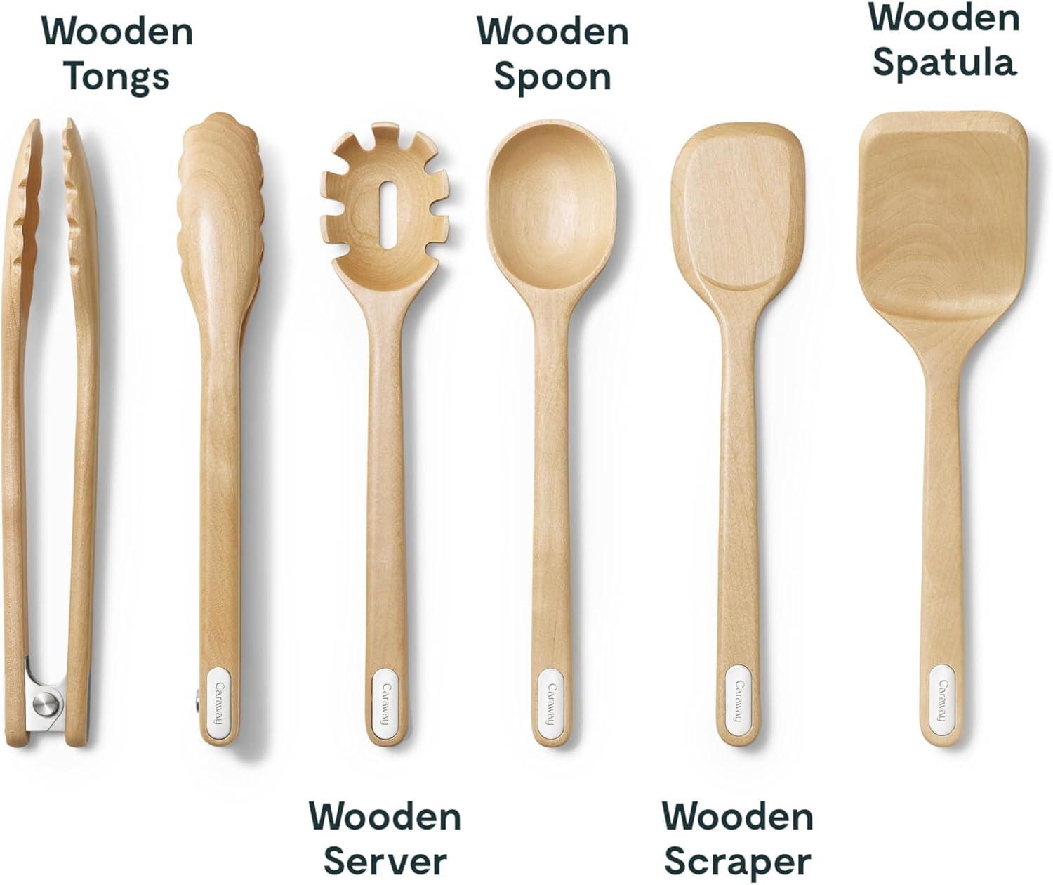 imageCaraway 14Piece Kitchen Prep Set Kitchen Knife Set amp Wooden Utensil Set Made With Premium German Steel Blades amp FSCCertified Birch Wood NonToxic Materials Includes Organizer CreamGray