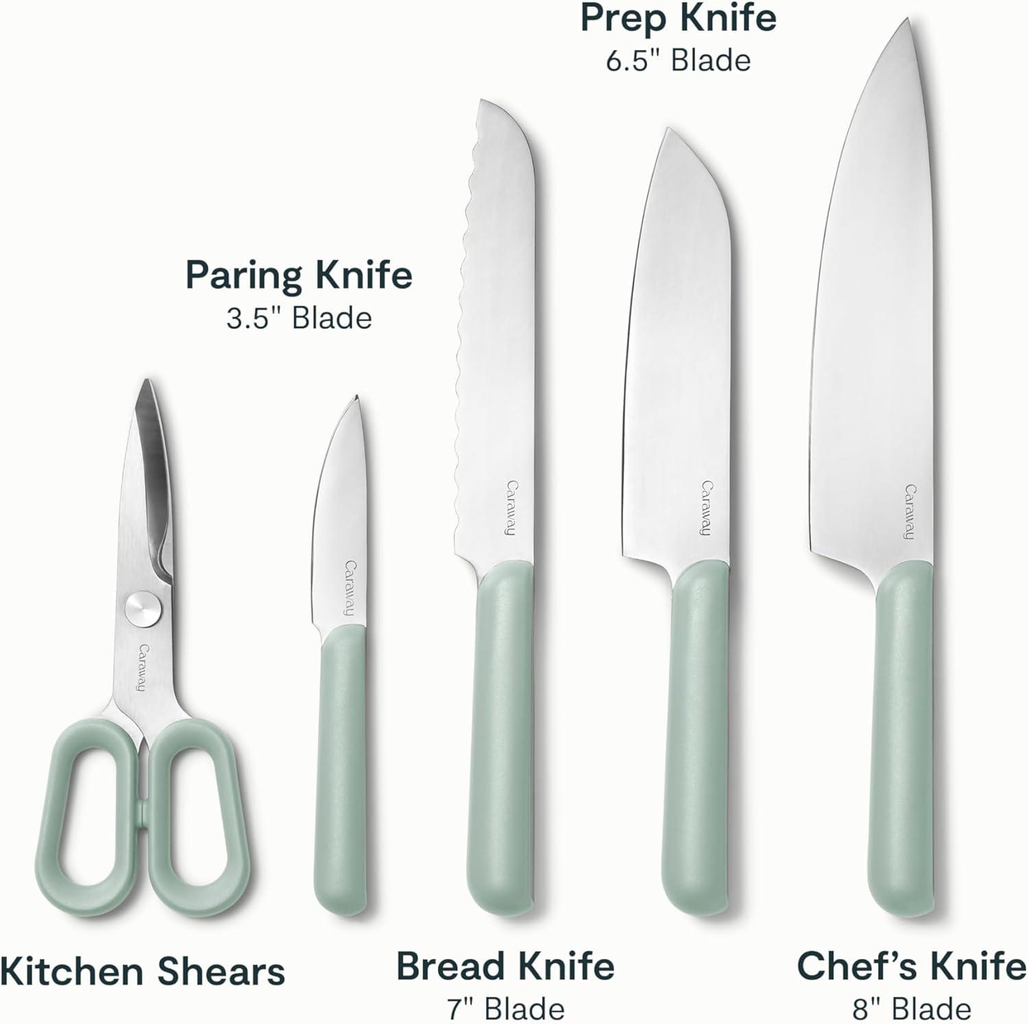 imageCaraway 14Piece Kitchen Prep Set Kitchen Knife Set amp Wooden Utensil Set Made With Premium German Steel Blades amp FSCCertified Birch Wood NonToxic Materials Includes Organizer CreamMist