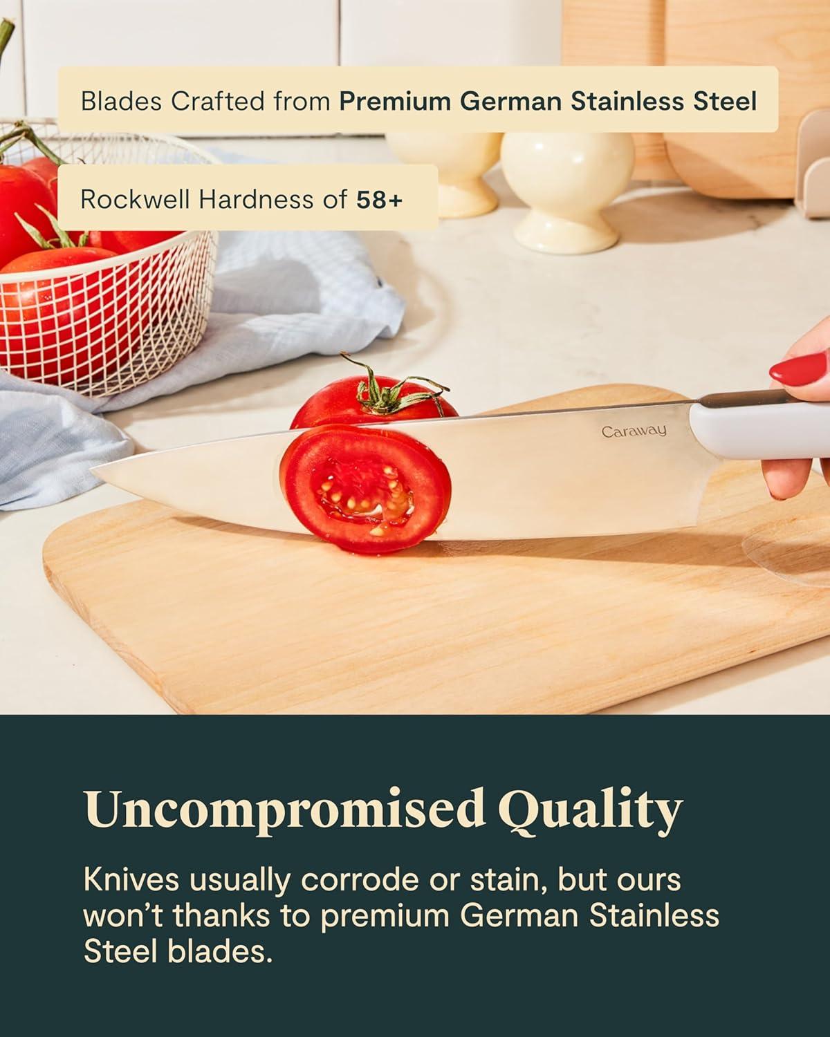 imageCaraway 14Piece Kitchen Prep Set Kitchen Knife Set amp Wooden Utensil Set Made With Premium German Steel Blades amp FSCCertified Birch Wood NonToxic Materials Includes Organizer CreamPerracotta