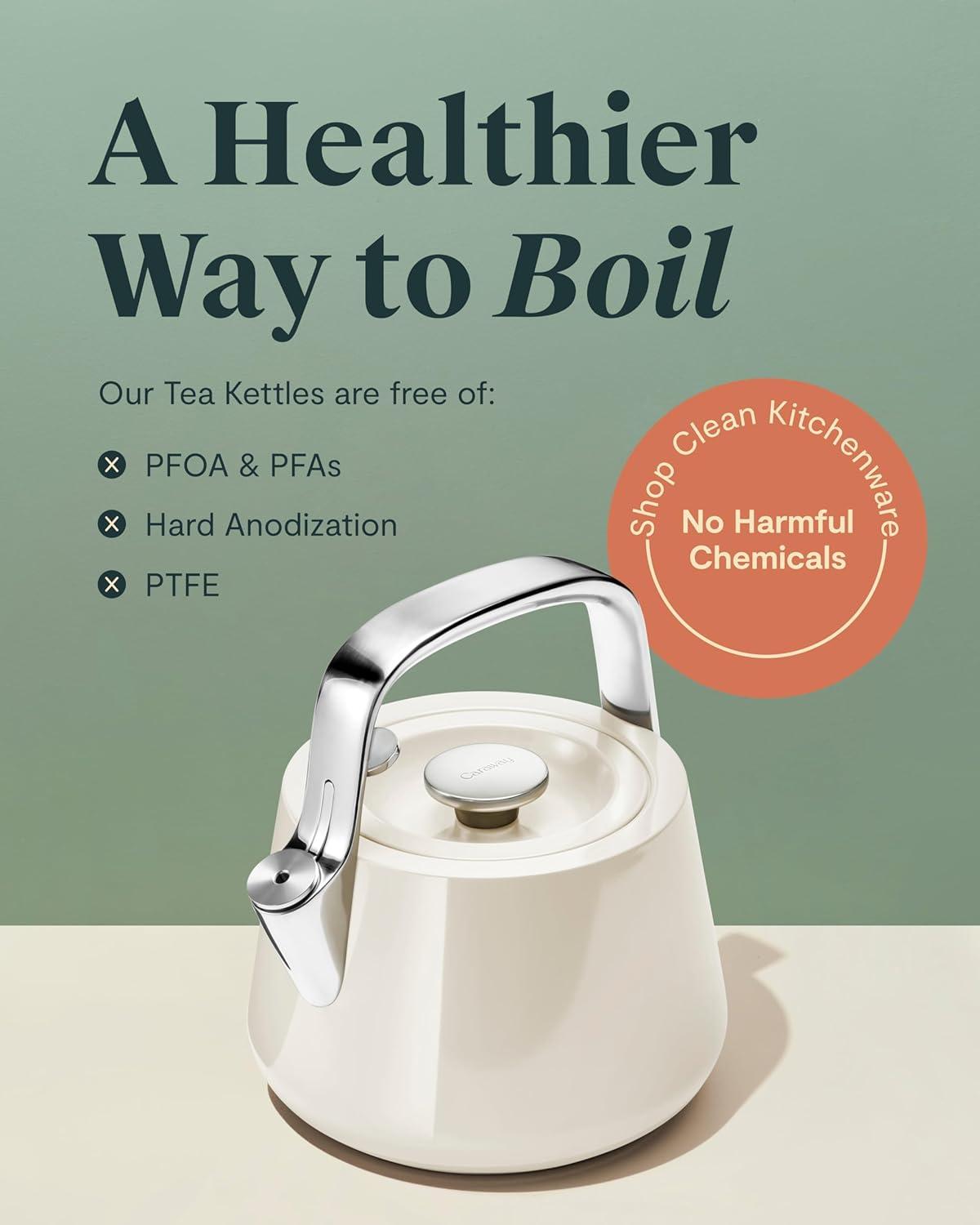 imageCaraway 2 Quart Whistling Tea Kettle Durable Stainless Steel Tea Pot Fast Boiling Stovetop Agnostic NonToxic PTFE amp PFOA Free Includes Pot Holder CreamSage