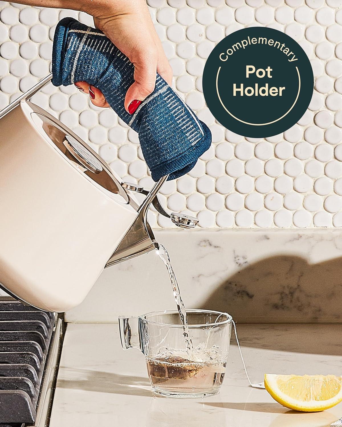 imageCaraway 2 Quart Whistling Tea Kettle Durable Stainless Steel Tea Pot Fast Boiling Stovetop Agnostic NonToxic PTFE amp PFOA Free Includes Pot Holder CreamBlack