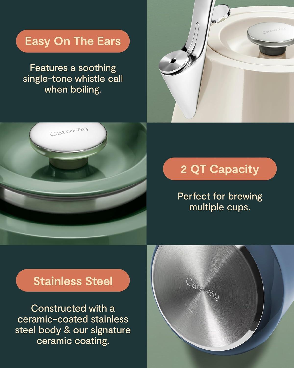 imageCaraway 2 Quart Whistling Tea Kettle Durable Stainless Steel Tea Pot Fast Boiling Stovetop Agnostic NonToxic PTFE amp PFOA Free Includes Pot Holder CreamSage