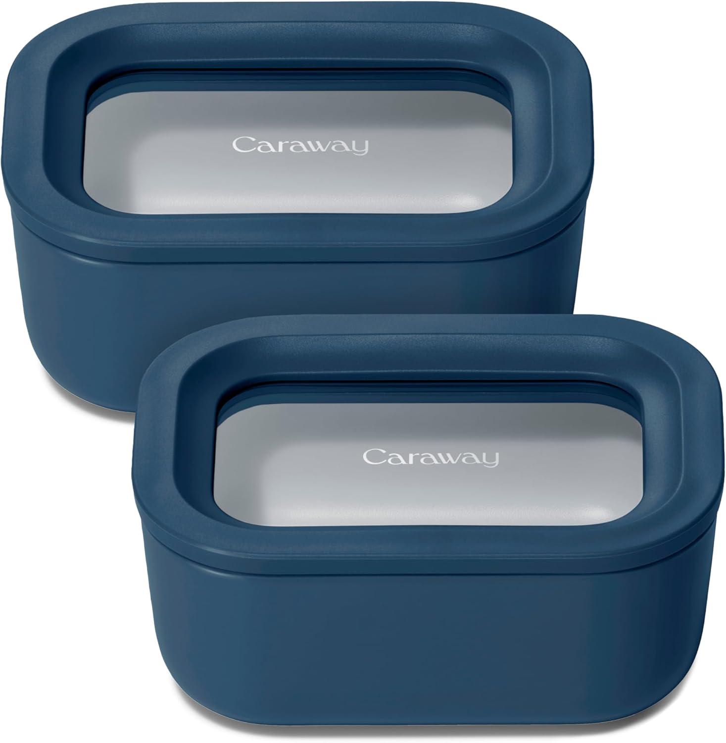 imageCaraway 2pc Glass Food Storage Set 44 Cup Food Containers 2 Ceramic Coated Non Toxic Non Stick Lunch with Lids Dishwasher Oven amp Microwave Safe NavyNavy