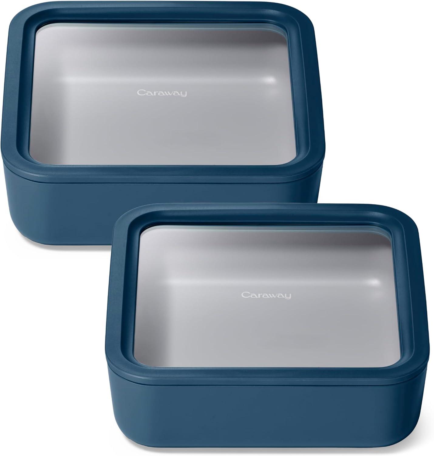 imageCaraway 2pc Glass Food Storage Set 44 Cup Food Containers 2 Ceramic Coated Non Toxic Non Stick Lunch with Lids Dishwasher Oven amp Microwave Safe NavyNavy