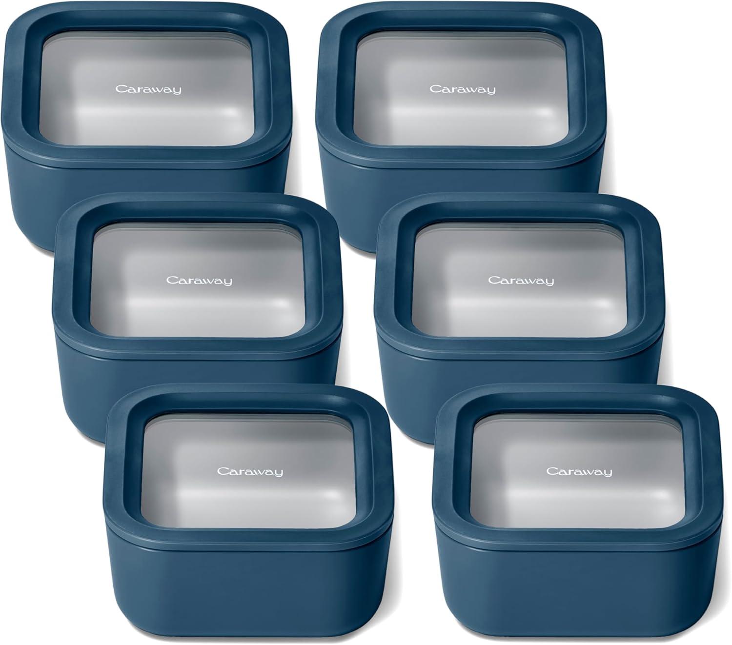 imageCaraway 2pc Glass Food Storage Set 44 Cup Food Containers 2 Ceramic Coated Non Toxic Non Stick Lunch with Lids Dishwasher Oven amp Microwave Safe NavyNavy