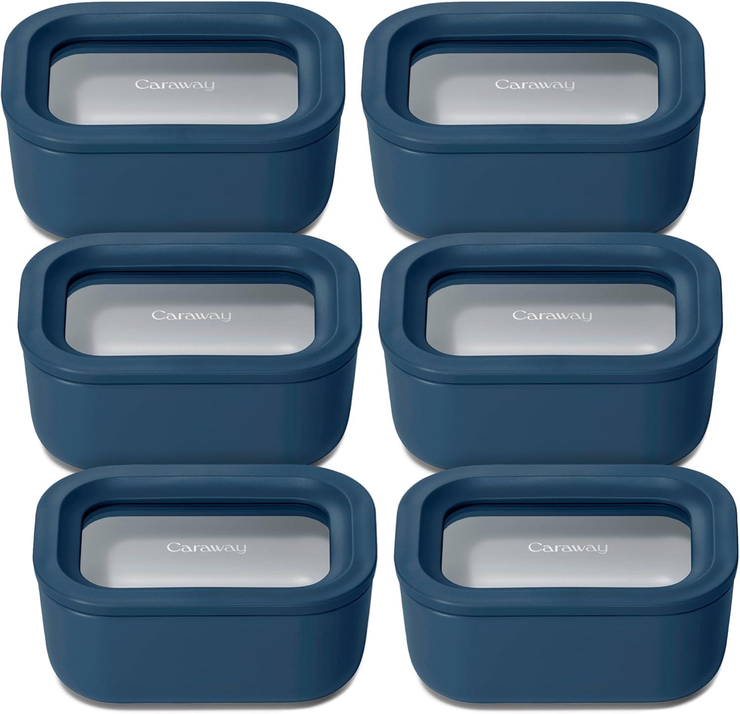 imageCaraway 2pc Glass Food Storage Set 44 Cup Food Containers 2 Ceramic Coated Non Toxic Non Stick Lunch with Lids Dishwasher Oven amp Microwave Safe NavyNavy