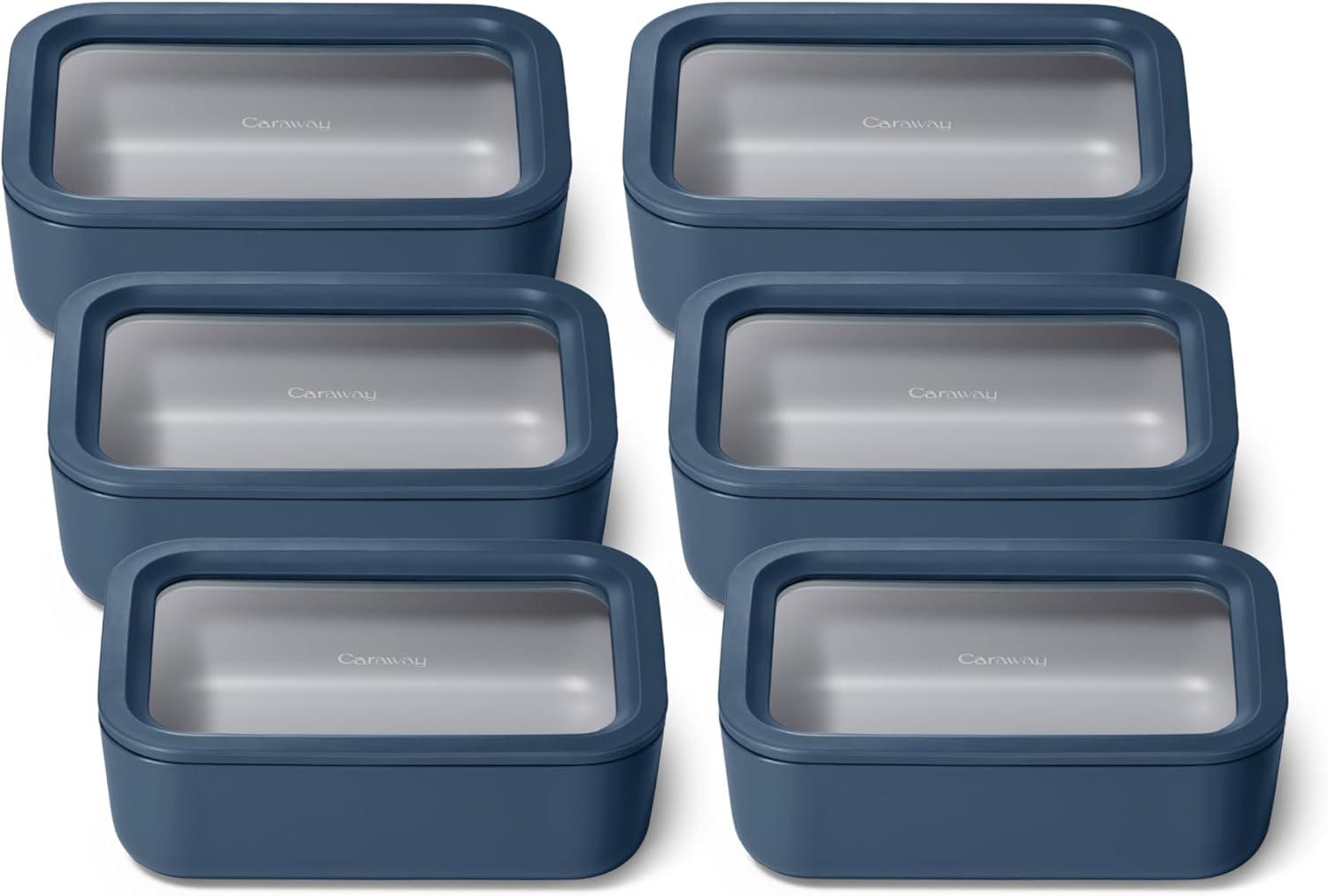 imageCaraway 2pc Glass Food Storage Set 44 Cup Food Containers 2 Ceramic Coated Non Toxic Non Stick Lunch with Lids Dishwasher Oven amp Microwave Safe NavyNavy