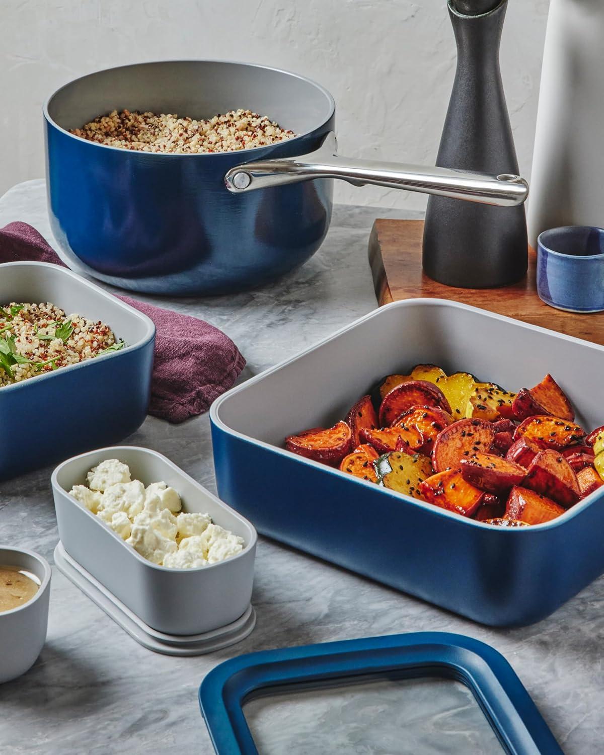 imageCaraway 2pc Glass Food Storage Set 44 Cup Food Containers 2 Ceramic Coated Non Toxic Non Stick Lunch with Lids Dishwasher Oven amp Microwave Safe NavyNavy