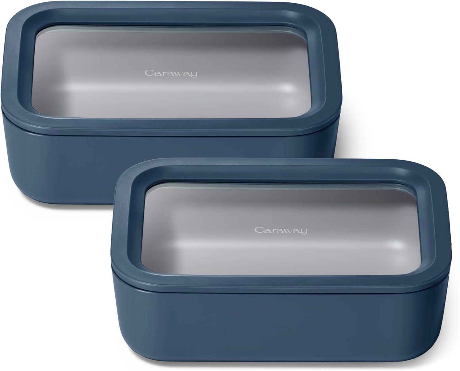 imageCaraway 2pc Glass Food Storage Set 44 Cup Food Containers 2 Ceramic Coated Non Toxic Non Stick Lunch with Lids Dishwasher Oven amp Microwave Safe NavyNavy