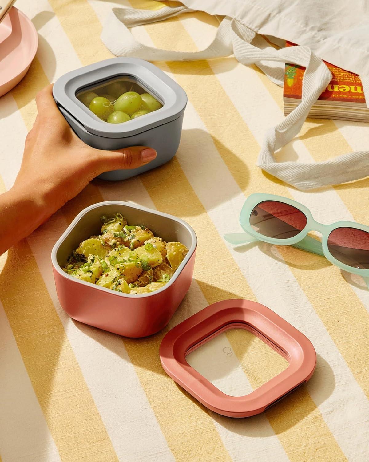 imageCaraway 2pc Glass Food Storage Set 44 Cup Food Containers 2 Ceramic Coated Non Toxic Non Stick Lunch with Lids Dishwasher Oven amp Microwave Safe NavyNavy