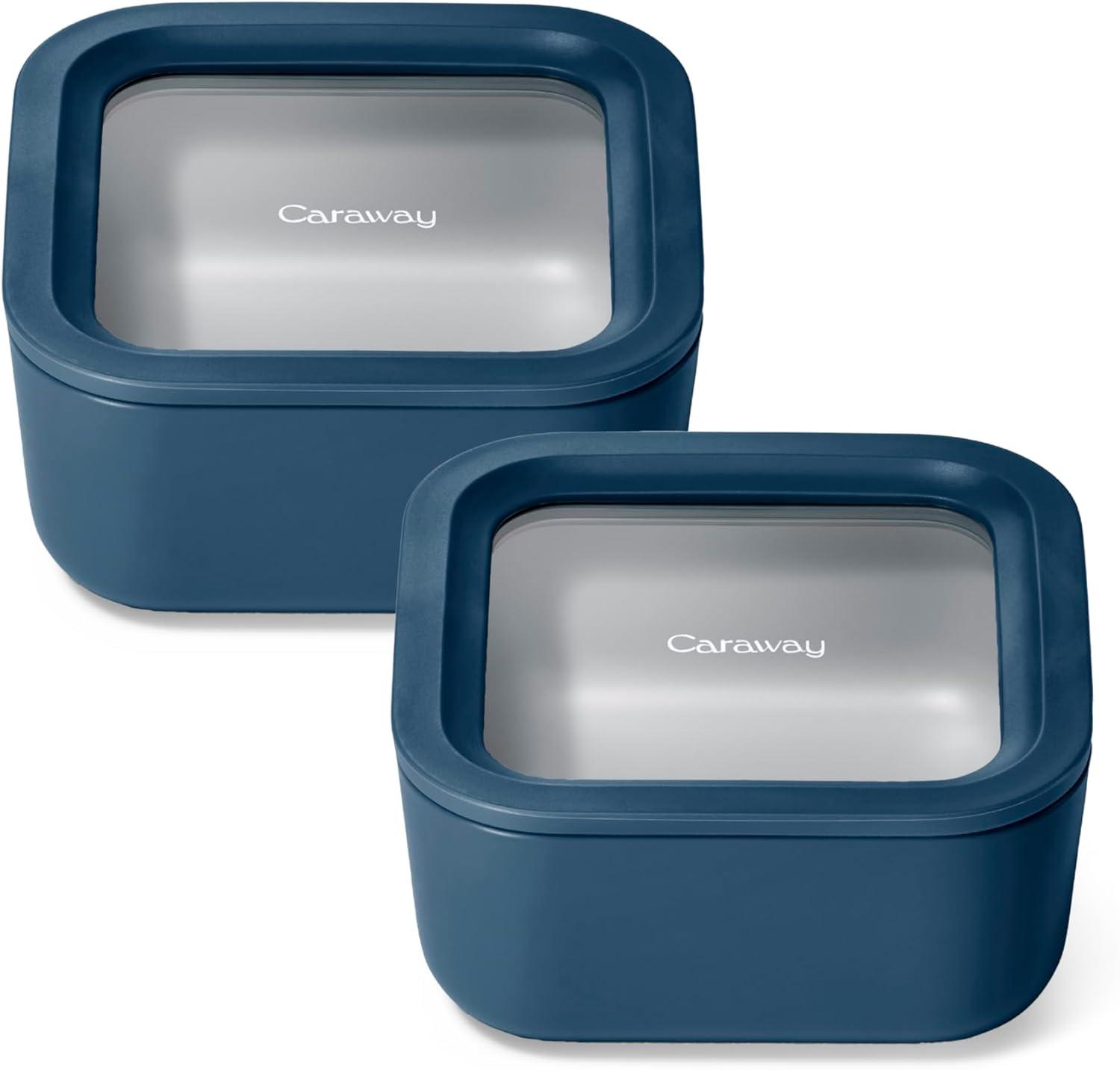 imageCaraway 2pc Glass Food Storage Set 44 Cup Food Containers 2 Ceramic Coated Non Toxic Non Stick Lunch with Lids Dishwasher Oven amp Microwave Safe NavyNavy