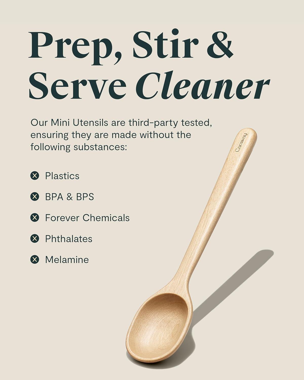 imageCaraway 4Piece Mini Wooden Kitchen Utensils Set for Cooking Serving and Plating Includes Mini Spoon Scraper Spatula and Tongs