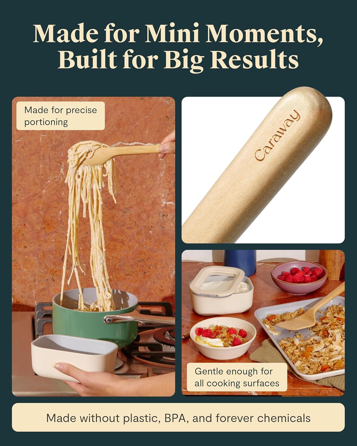 imageCaraway 4Piece Mini Wooden Kitchen Utensils Set for Cooking Serving and Plating Includes Mini Spoon Scraper Spatula and Tongs
