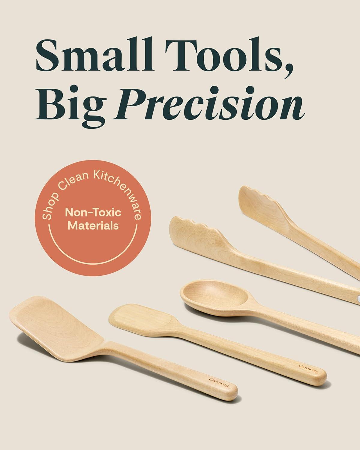 imageCaraway 4Piece Mini Wooden Kitchen Utensils Set for Cooking Serving and Plating Includes Mini Spoon Scraper Spatula and Tongs