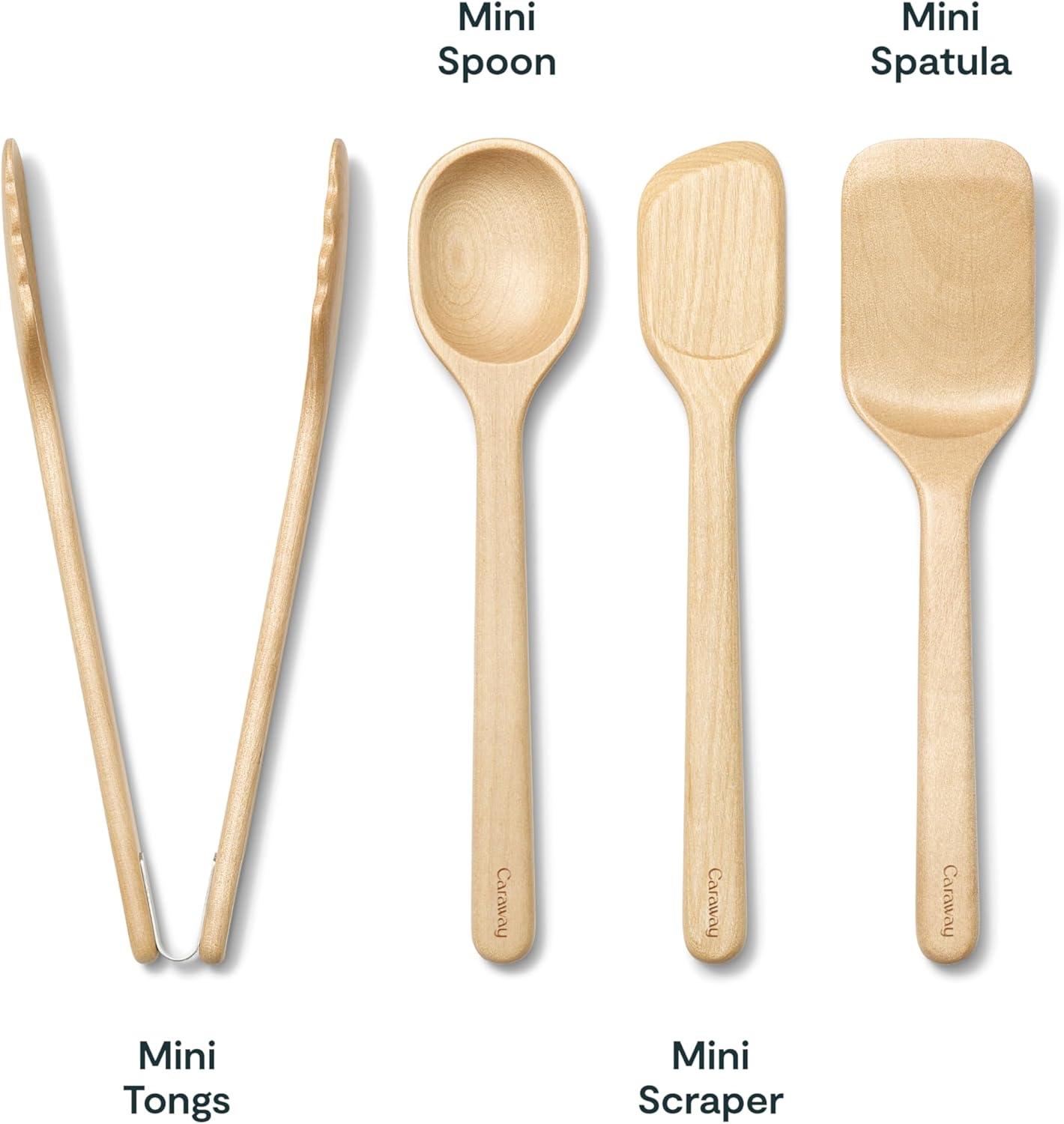 imageCaraway 4Piece Mini Wooden Kitchen Utensils Set for Cooking Serving and Plating Includes Mini Spoon Scraper Spatula and Tongs