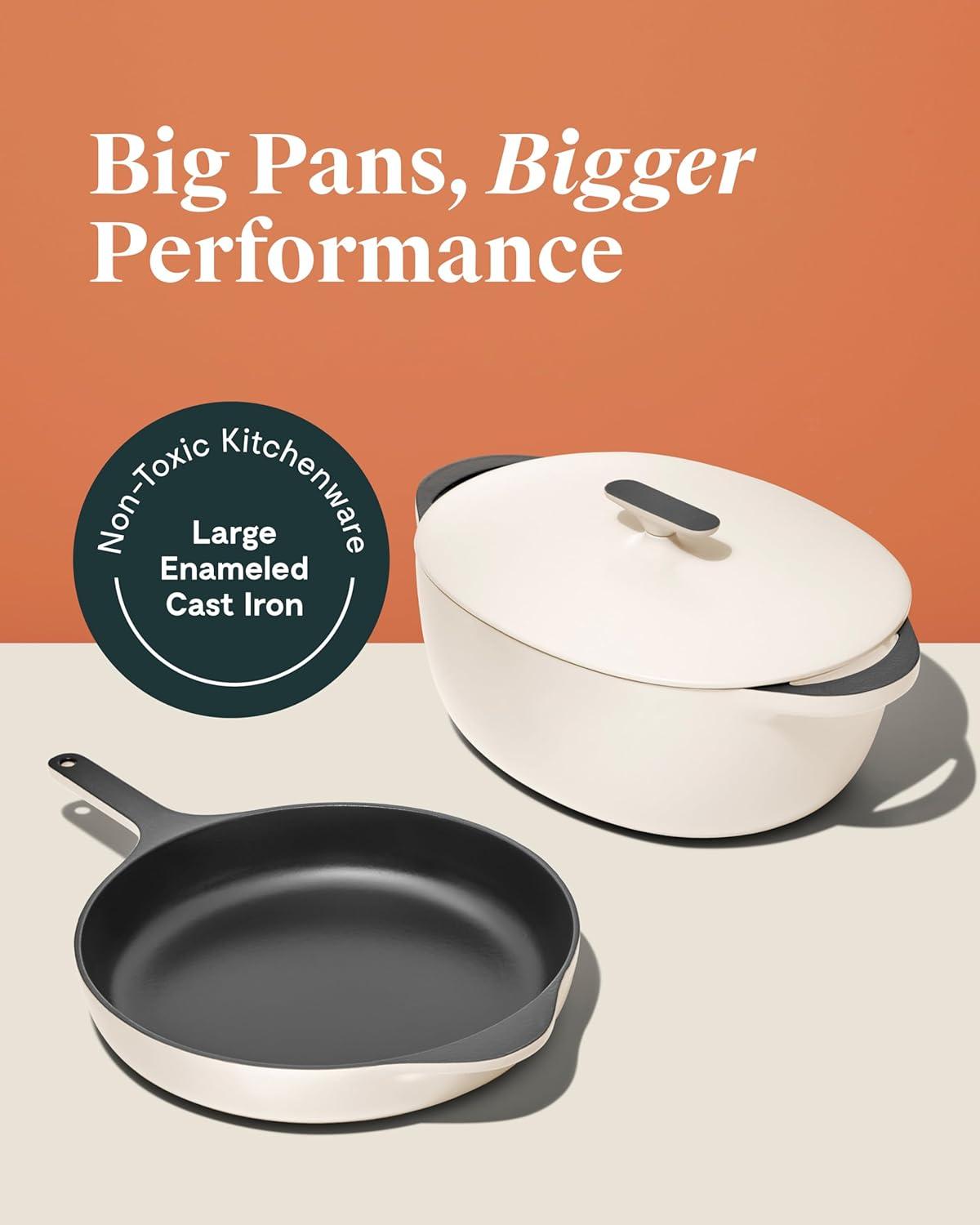 imageCaraway Cast Iron Skillet 12 Enameled Cast Iron Pan With 3 Layer Enamel Coating No Seasoning Required Compatible With All Stovetops Free From Forever Chemicals CreamMidnight Blue