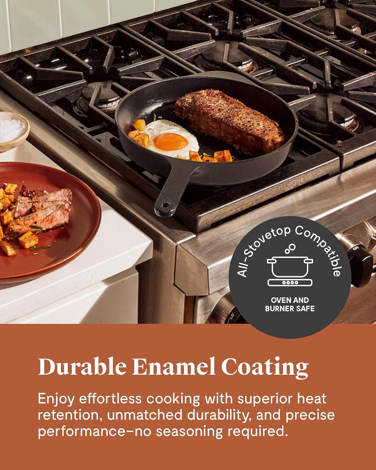 imageCaraway Cast Iron Skillet 12 Enameled Cast Iron Pan With 3 Layer Enamel Coating No Seasoning Required Compatible With All Stovetops Free From Forever Chemicals CreamGray