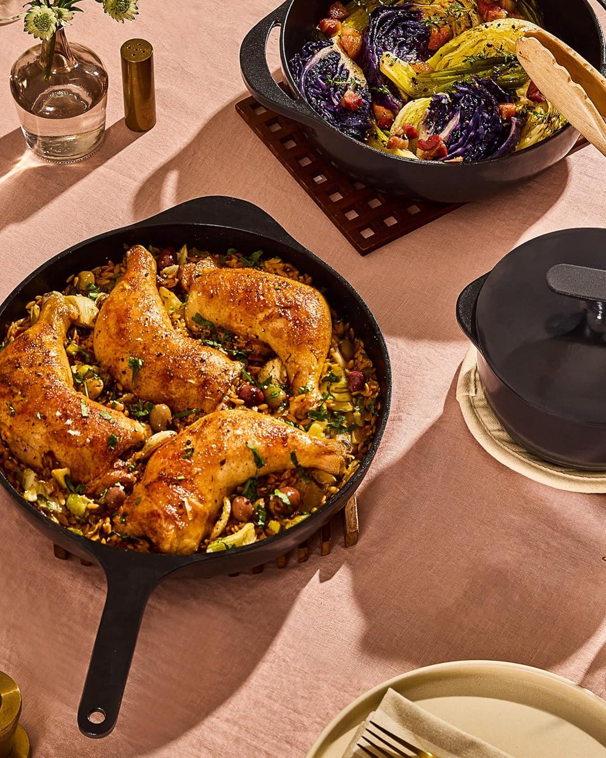 imageCaraway Cast Iron Skillet 12 Enameled Cast Iron Pan With 3 Layer Enamel Coating No Seasoning Required Compatible With All Stovetops Free From Forever Chemicals CreamMidnight Blue
