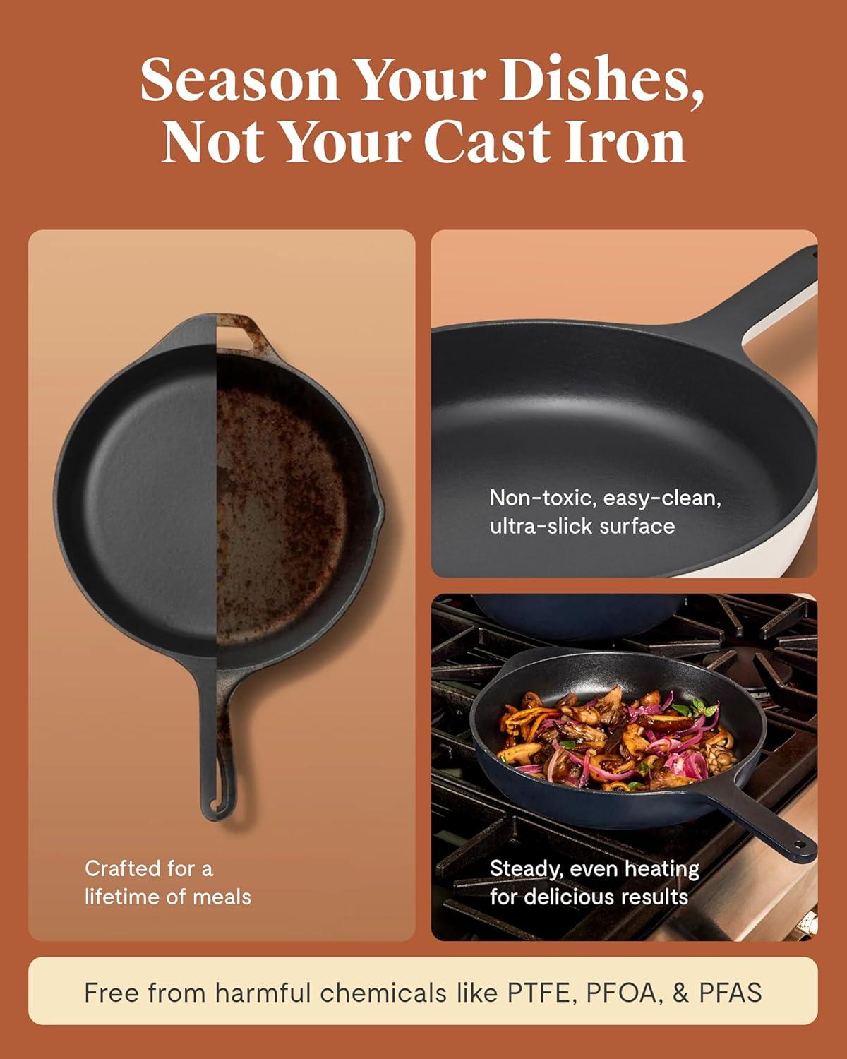 imageCaraway Cast Iron Skillet 12 Enameled Cast Iron Pan With 3 Layer Enamel Coating No Seasoning Required Compatible With All Stovetops Free From Forever Chemicals CreamMidnight Blue