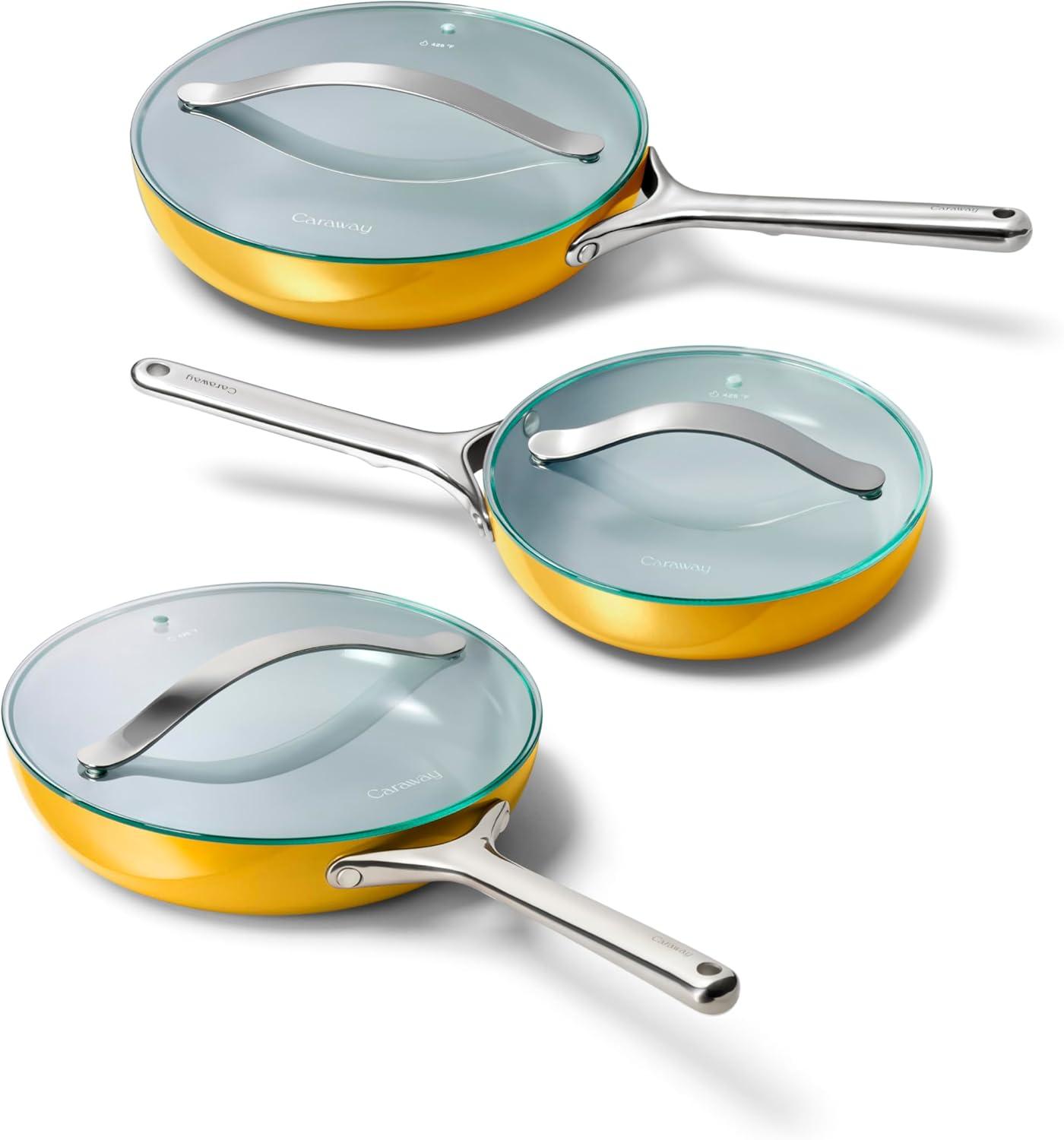 imageCaraway Ceramic Fry Pan Duo with Glass Lids NonStick Frying Pans 105 amp 8 Non Toxic PTFE amp PFOA Free Oven Safe amp Compatible with All Stovetops CreamMarigold