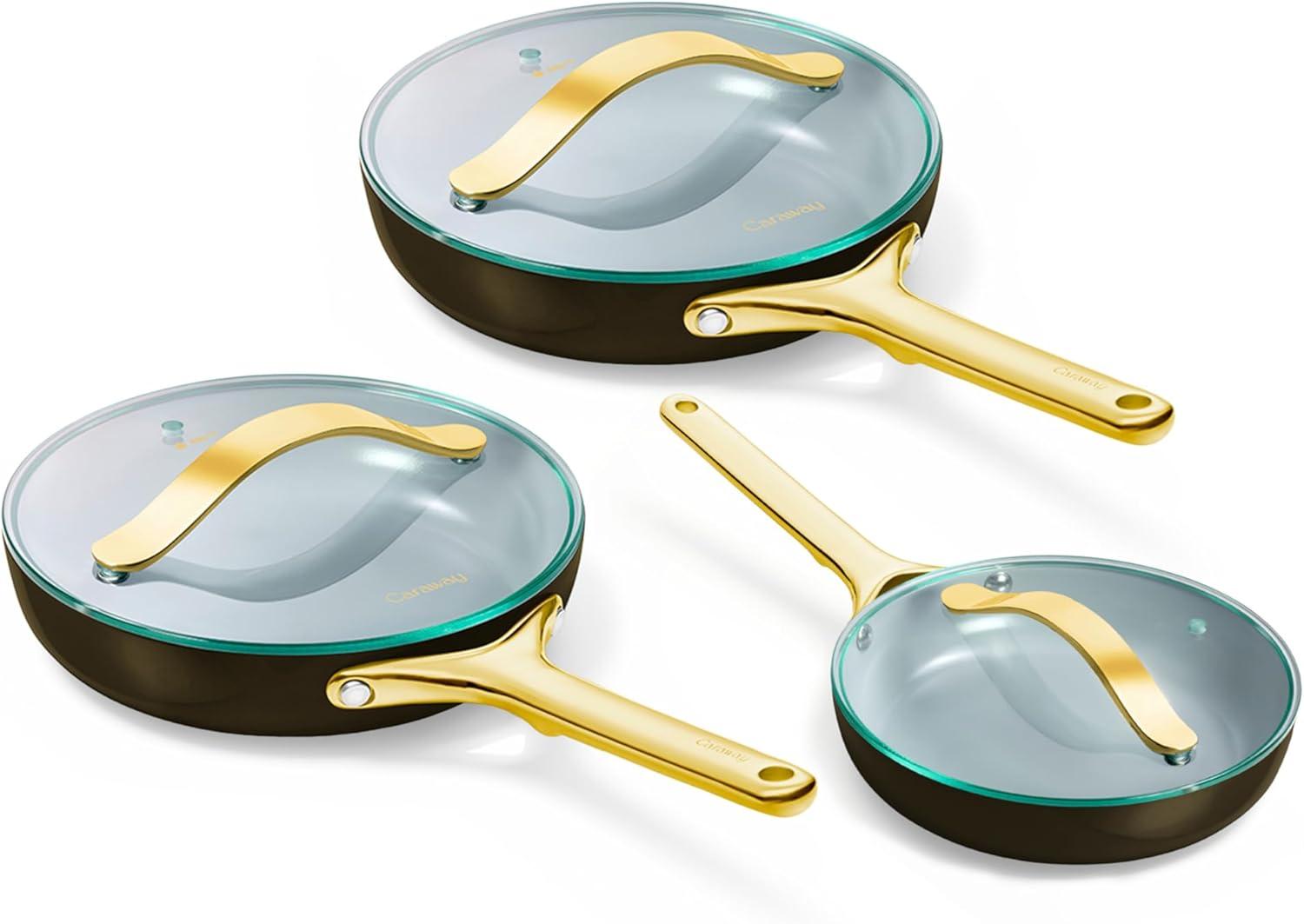 imageCaraway Ceramic Fry Pan Duo with Glass Lids NonStick Frying Pans 105 amp 8 Non Toxic PTFE amp PFOA Free Oven Safe amp Compatible with All Stovetops CreamBlack