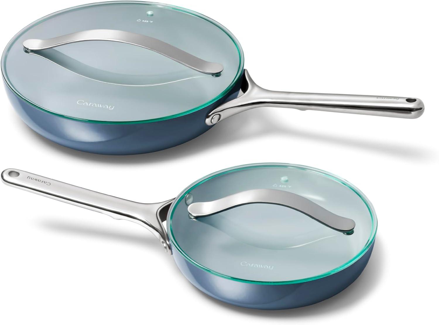 imageCaraway Ceramic Fry Pan Duo with Glass Lids NonStick Frying Pans 105 amp 8 Non Toxic PTFE amp PFOA Free Oven Safe amp Compatible with All Stovetops CreamNavy