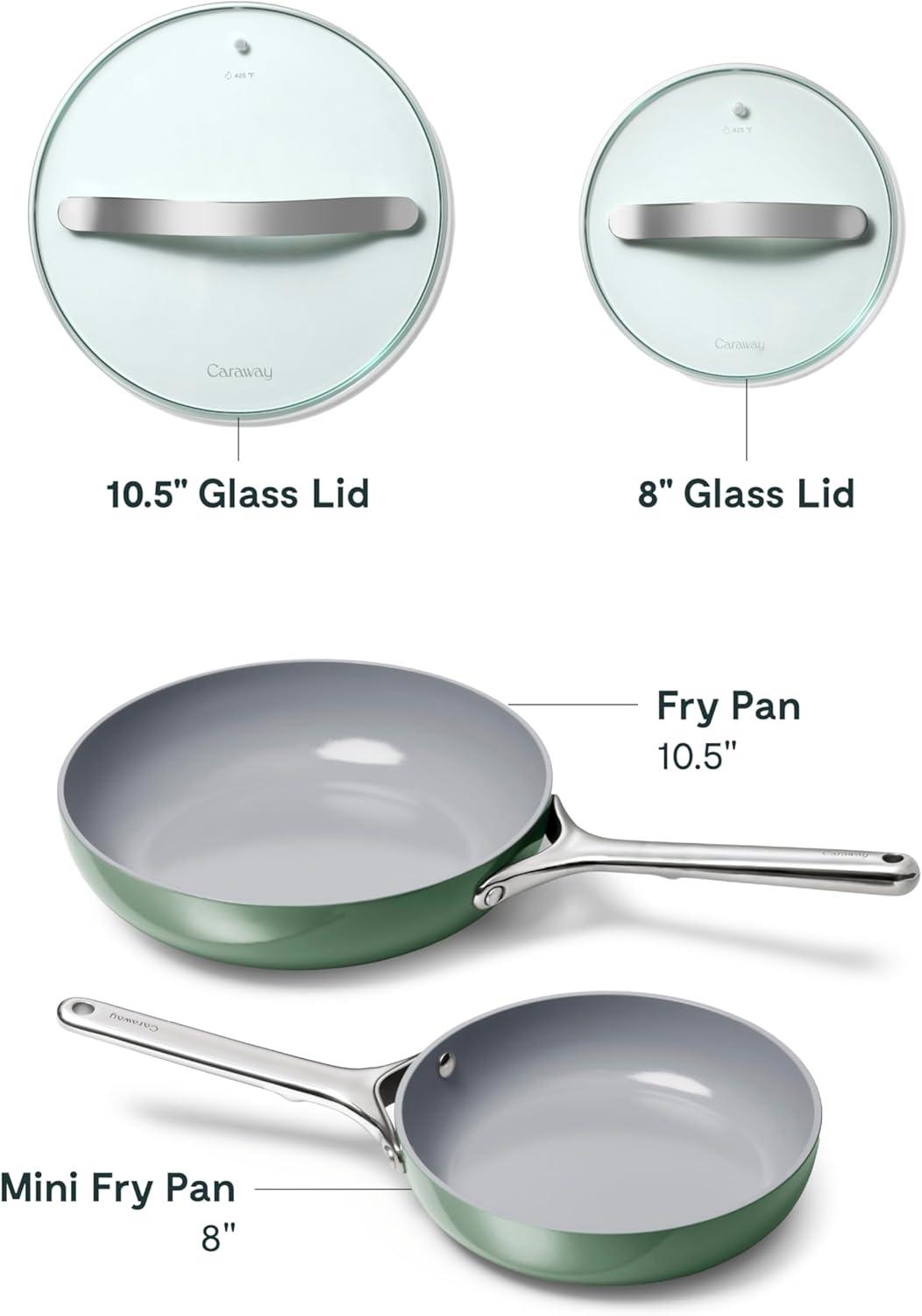 imageCaraway Ceramic Fry Pan Duo with Glass Lids NonStick Frying Pans 105 amp 8 Non Toxic PTFE amp PFOA Free Oven Safe amp Compatible with All Stovetops CreamSage