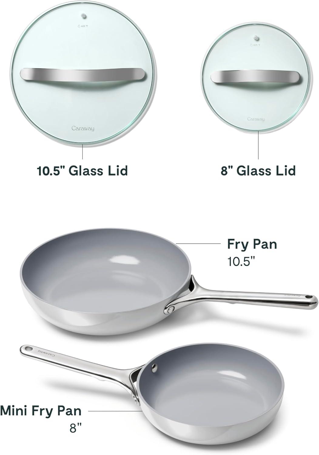 imageCaraway Ceramic Fry Pan Duo with Glass Lids NonStick Frying Pans 105 amp 8 Non Toxic PTFE amp PFOA Free Oven Safe amp Compatible with All Stovetops CreamGray
