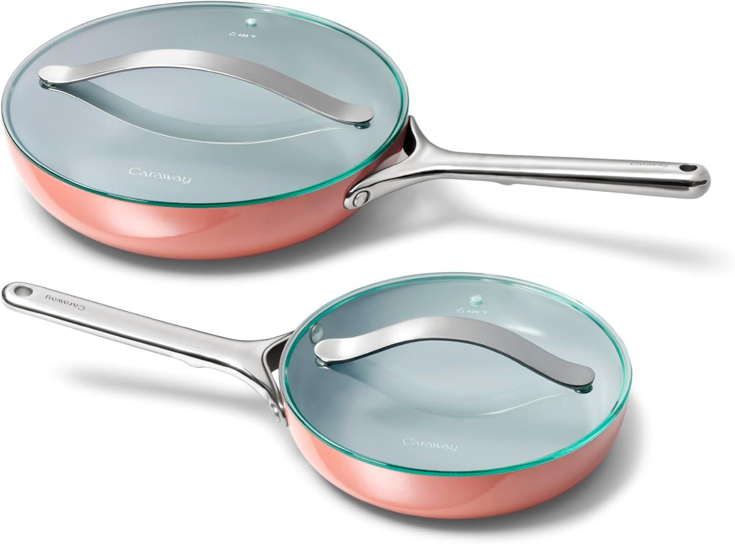 imageCaraway Ceramic Fry Pan Duo with Glass Lids NonStick Frying Pans 105 amp 8 Non Toxic PTFE amp PFOA Free Oven Safe amp Compatible with All Stovetops CreamPerracotta