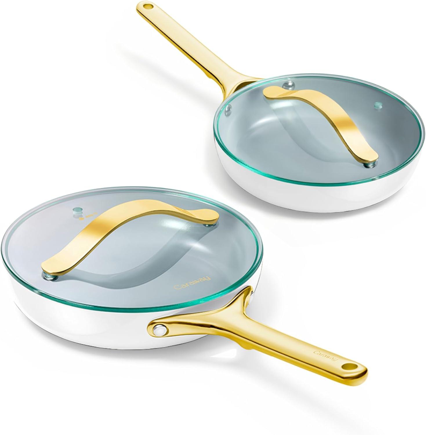 imageCaraway Ceramic Fry Pan Duo with Glass Lids NonStick Frying Pans 105 amp 8 Non Toxic PTFE amp PFOA Free Oven Safe amp Compatible with All Stovetops CreamWhite