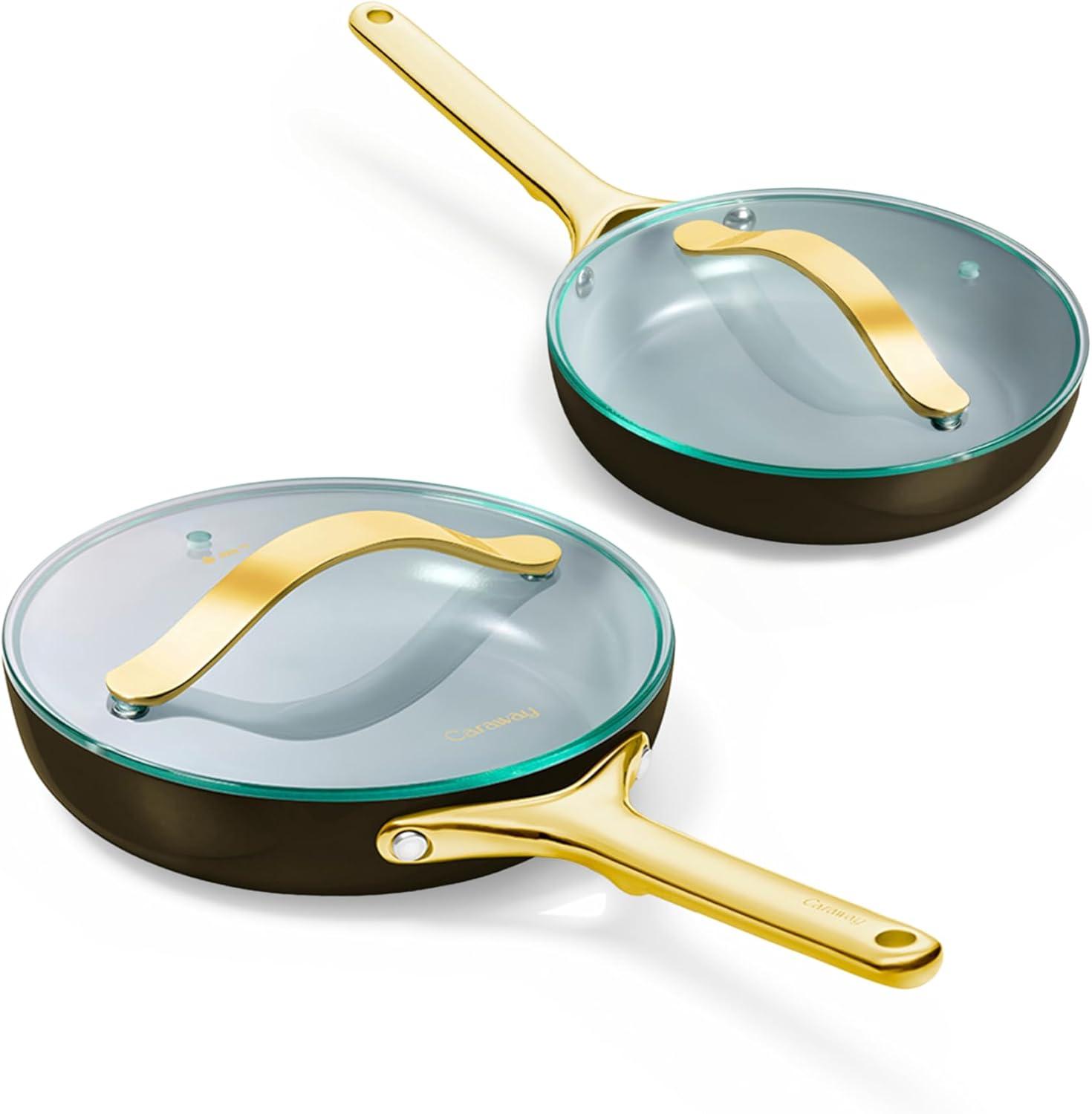 imageCaraway Ceramic Fry Pan Duo with Glass Lids NonStick Frying Pans 105 amp 8 Non Toxic PTFE amp PFOA Free Oven Safe amp Compatible with All Stovetops CreamBlack