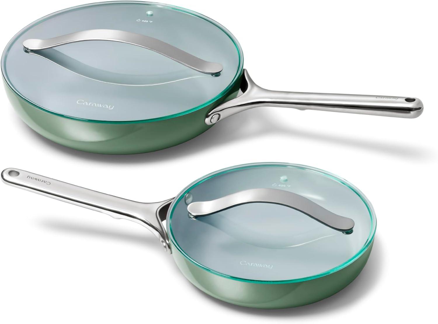 imageCaraway Ceramic Fry Pan Duo with Glass Lids NonStick Frying Pans 105 amp 8 Non Toxic PTFE amp PFOA Free Oven Safe amp Compatible with All Stovetops CreamSage