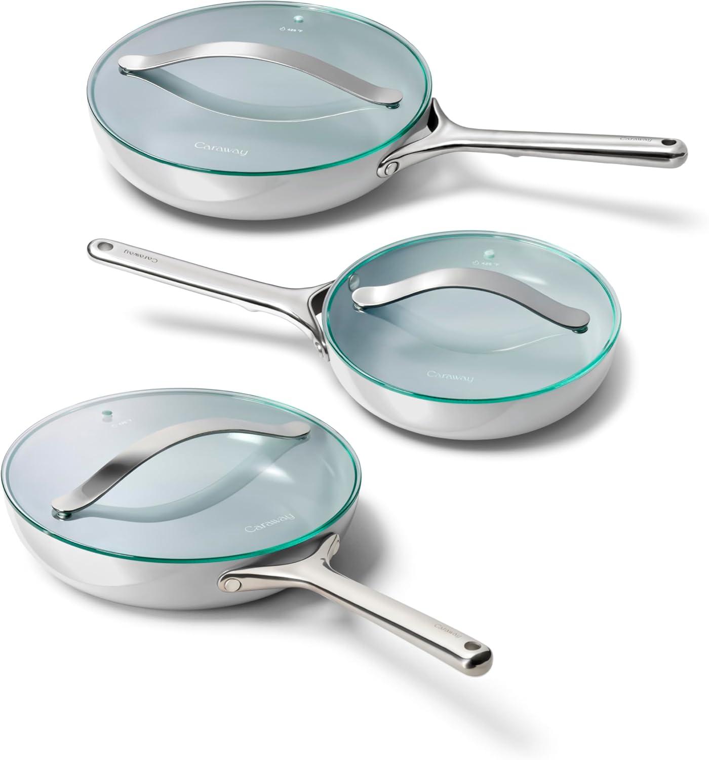 imageCaraway Ceramic Fry Pan Duo with Glass Lids NonStick Frying Pans 105 amp 8 Non Toxic PTFE amp PFOA Free Oven Safe amp Compatible with All Stovetops CreamGray