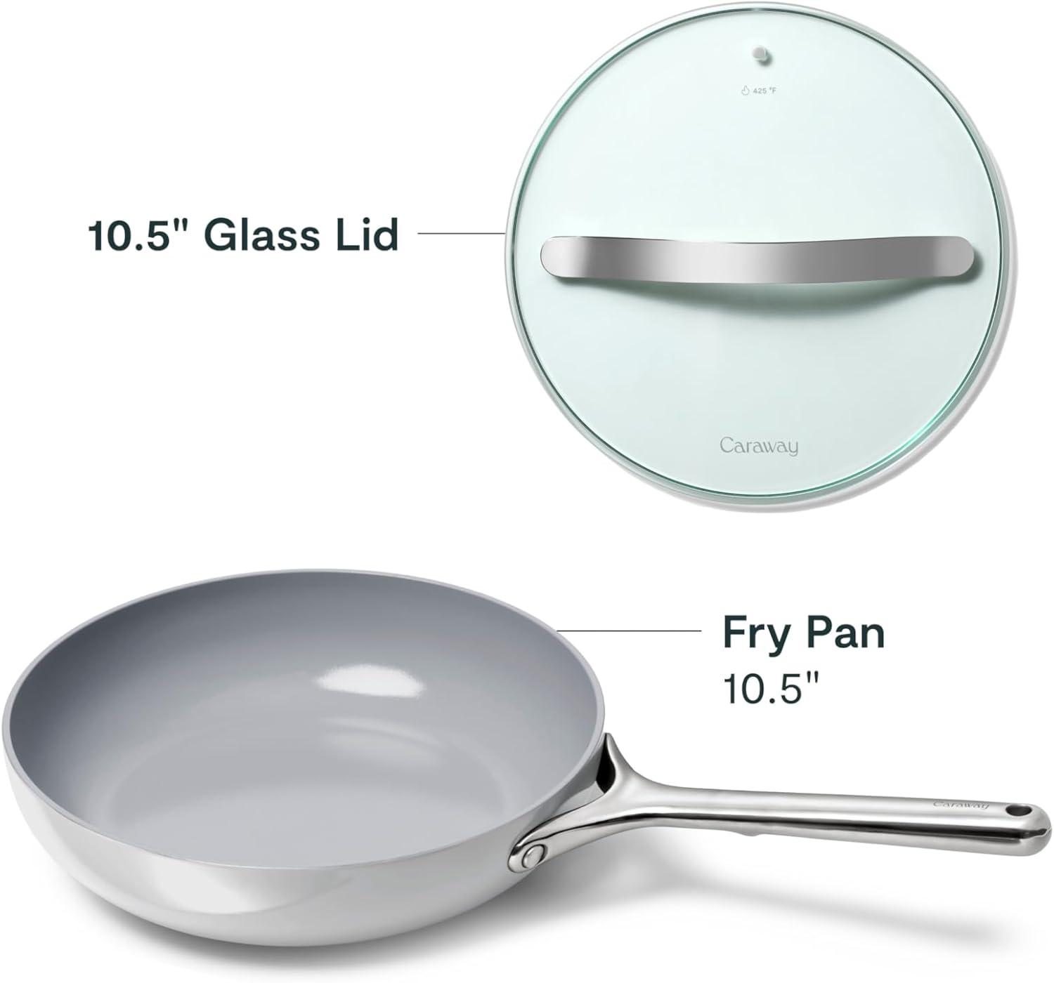 imageCaraway Ceramic Fry Pan Duo with Glass Lids NonStick Frying Pans 105 amp 8 Non Toxic PTFE amp PFOA Free Oven Safe amp Compatible with All Stovetops CreamGray
