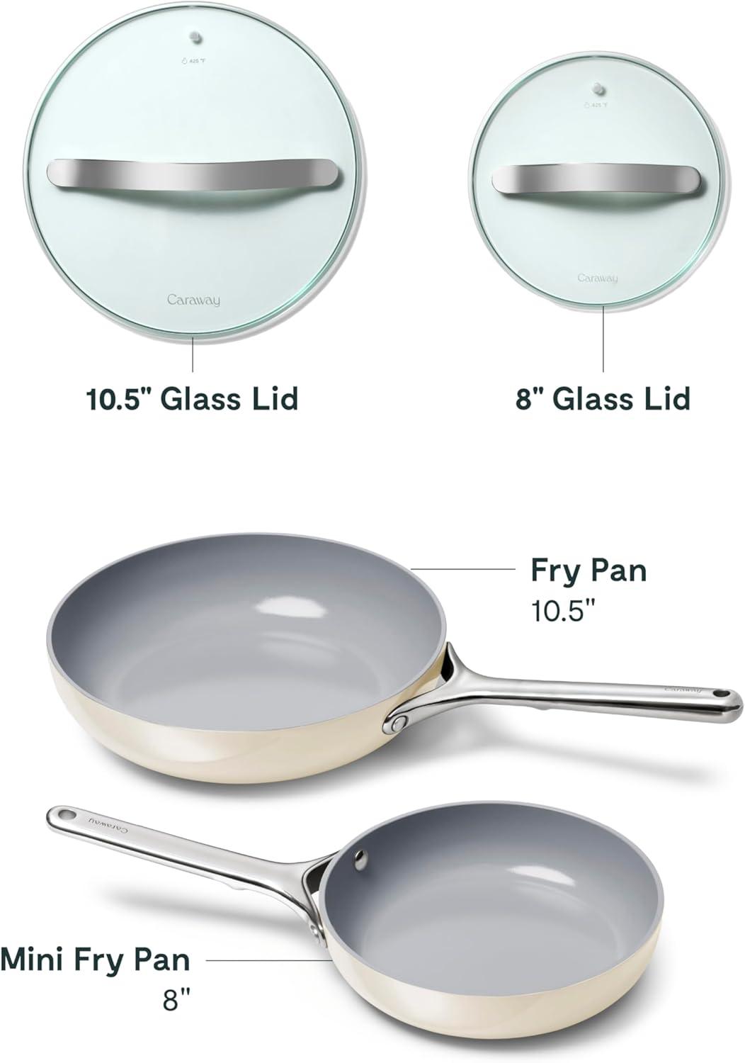 imageCaraway Ceramic Fry Pan Duo with Glass Lids NonStick Frying Pans 105 amp 8 Non Toxic PTFE amp PFOA Free Oven Safe amp Compatible with All Stovetops CreamCream