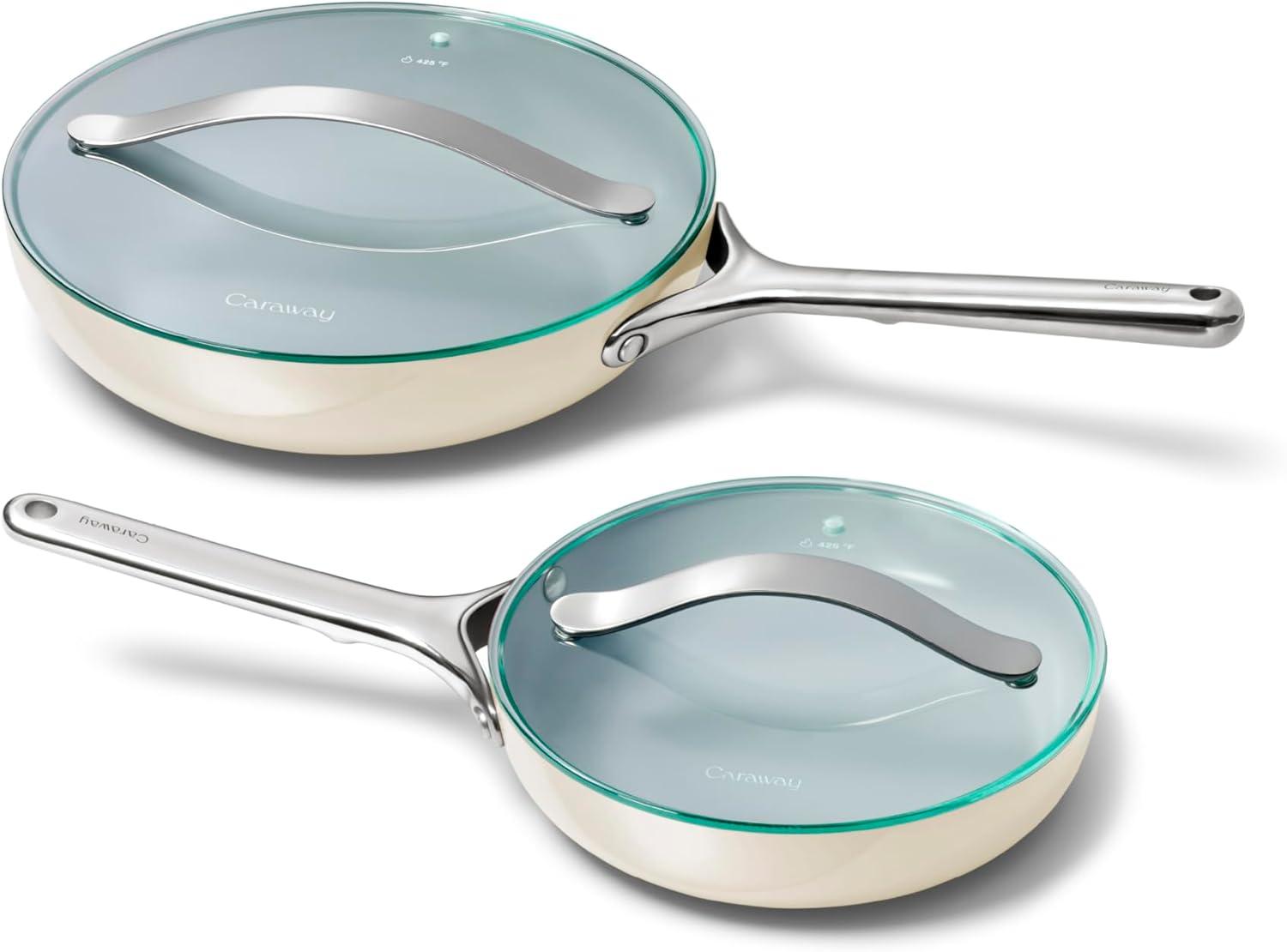 imageCaraway Ceramic Fry Pan Duo with Glass Lids NonStick Frying Pans 105 amp 8 Non Toxic PTFE amp PFOA Free Oven Safe amp Compatible with All Stovetops CreamCream