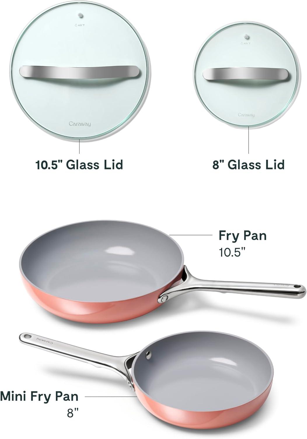 imageCaraway Ceramic Fry Pan Duo with Glass Lids NonStick Frying Pans 105 amp 8 Non Toxic PTFE amp PFOA Free Oven Safe amp Compatible with All Stovetops CreamPerracotta