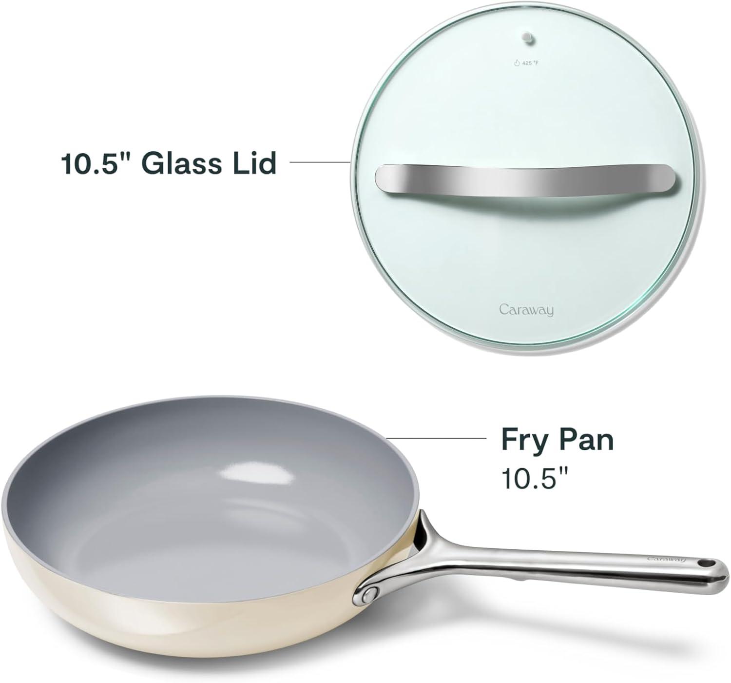 imageCaraway Ceramic Fry Pan Duo with Glass Lids NonStick Frying Pans 105 amp 8 Non Toxic PTFE amp PFOA Free Oven Safe amp Compatible with All Stovetops CreamCream