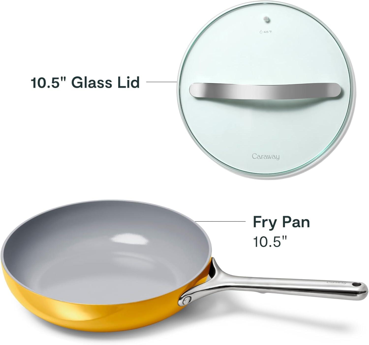 imageCaraway Ceramic Fry Pan Duo with Glass Lids NonStick Frying Pans 105 amp 8 Non Toxic PTFE amp PFOA Free Oven Safe amp Compatible with All Stovetops CreamMarigold