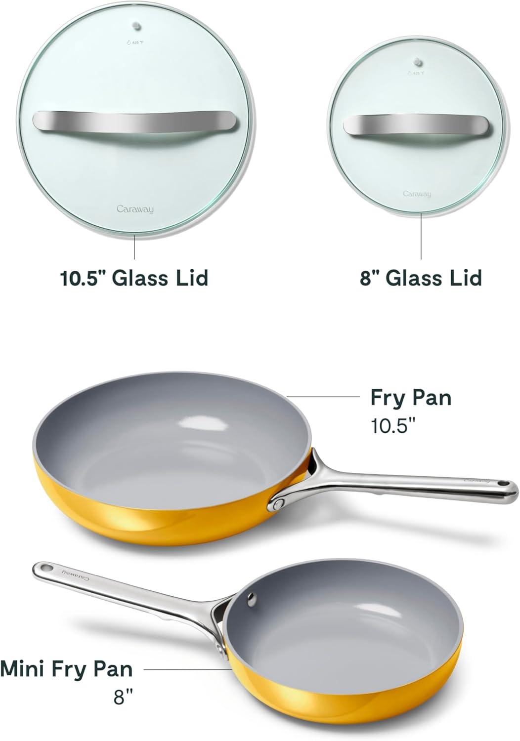 imageCaraway Ceramic Fry Pan Duo with Glass Lids NonStick Frying Pans 105 amp 8 Non Toxic PTFE amp PFOA Free Oven Safe amp Compatible with All Stovetops CreamMarigold