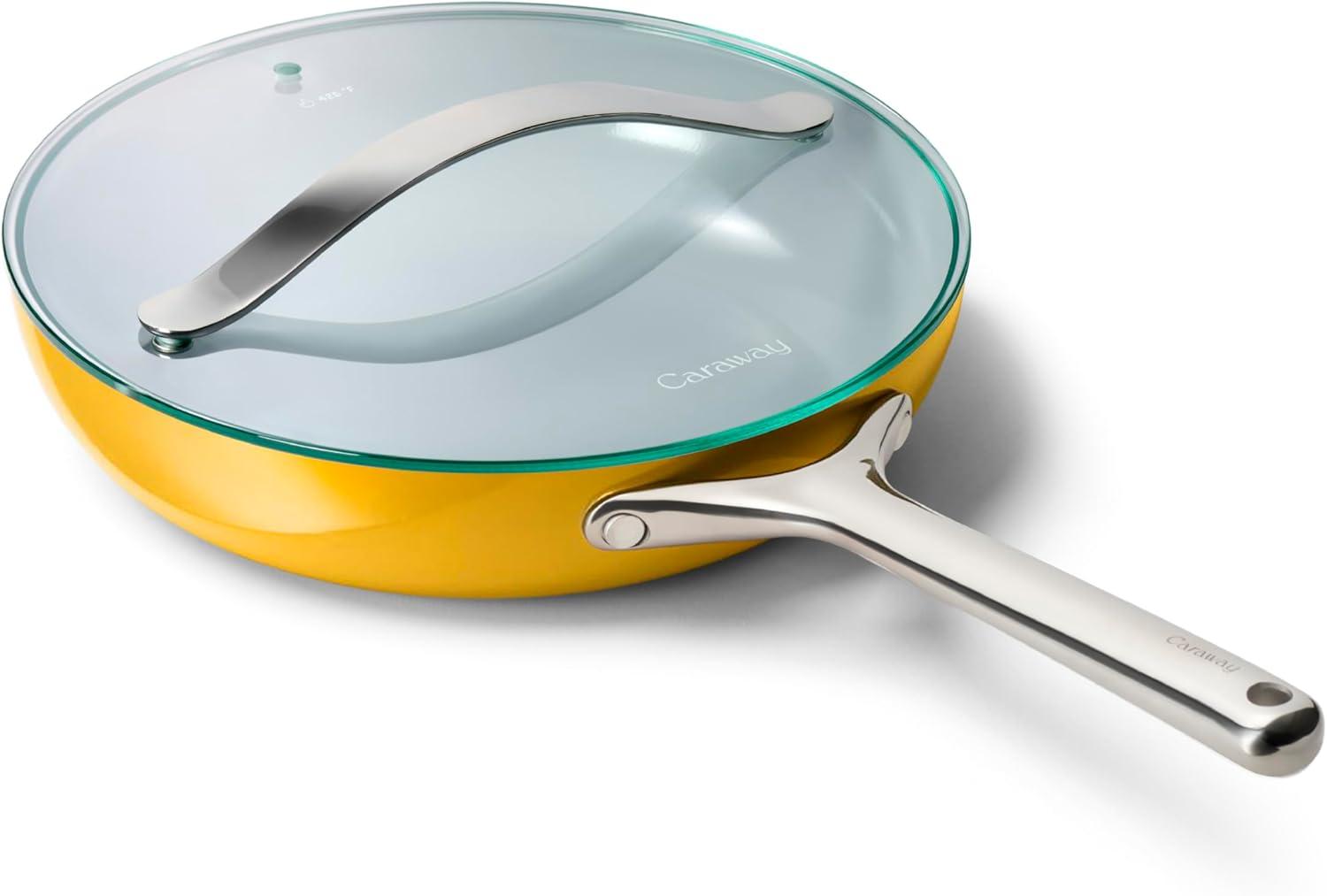 imageCaraway Ceramic Fry Pan Duo with Glass Lids NonStick Frying Pans 105 amp 8 Non Toxic PTFE amp PFOA Free Oven Safe amp Compatible with All Stovetops CreamMarigold