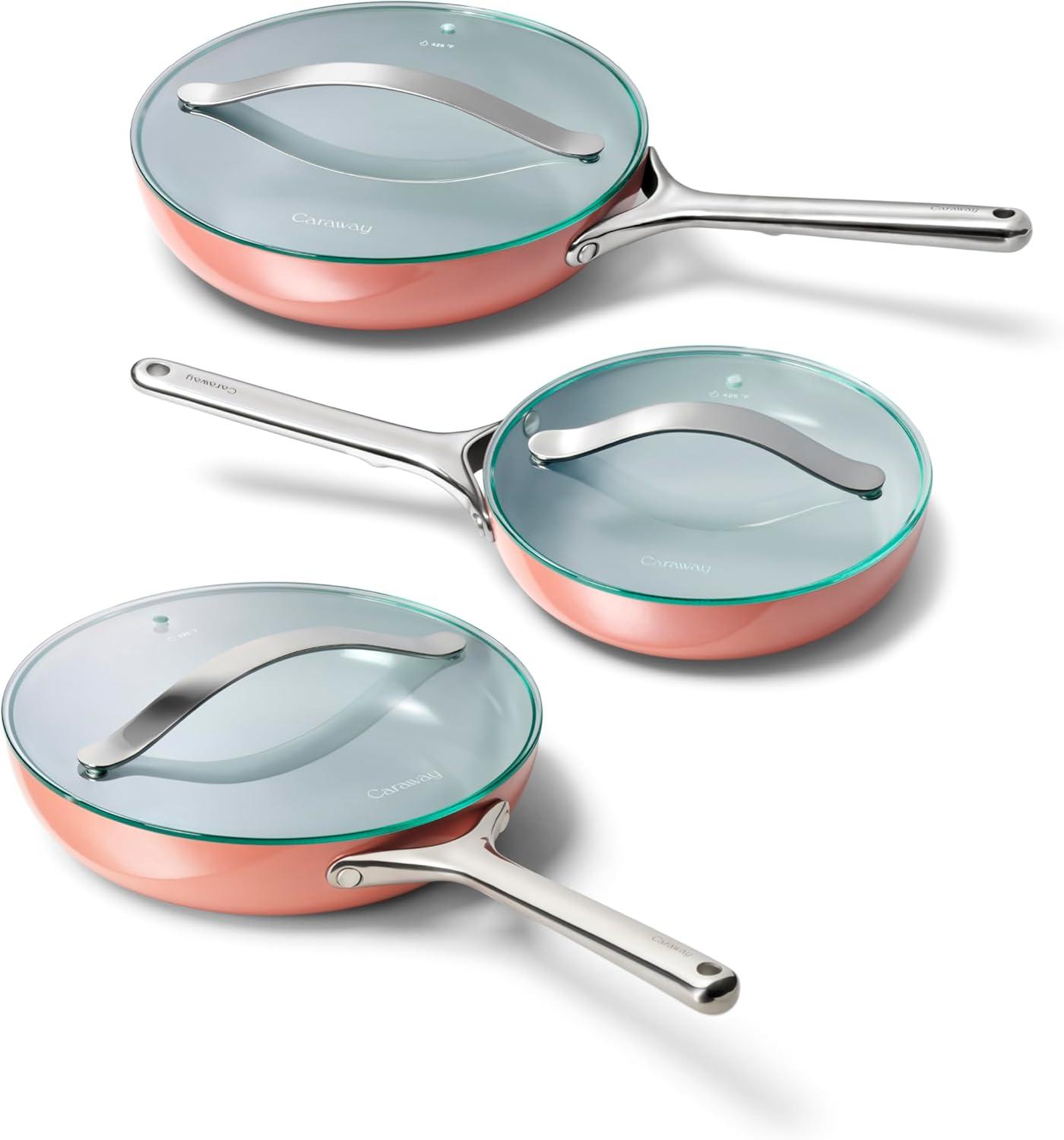 imageCaraway Ceramic Fry Pan Duo with Glass Lids NonStick Frying Pans 105 amp 8 Non Toxic PTFE amp PFOA Free Oven Safe amp Compatible with All Stovetops CreamPerracotta
