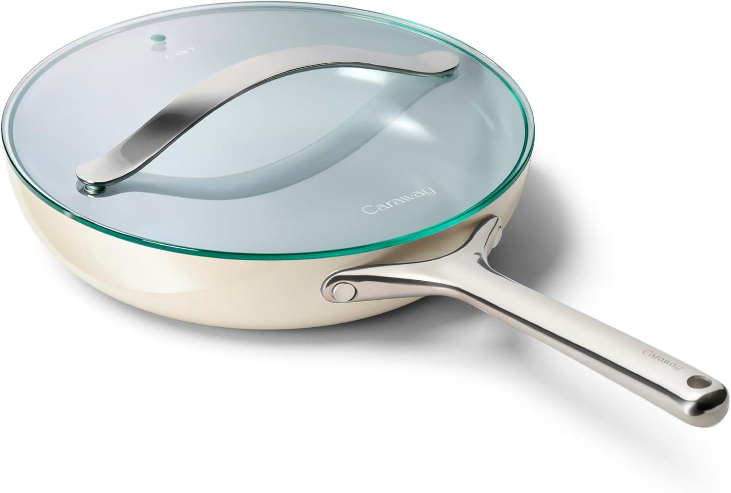 imageCaraway Ceramic Fry Pan Duo with Glass Lids NonStick Frying Pans 105 amp 8 Non Toxic PTFE amp PFOA Free Oven Safe amp Compatible with All Stovetops CreamCream
