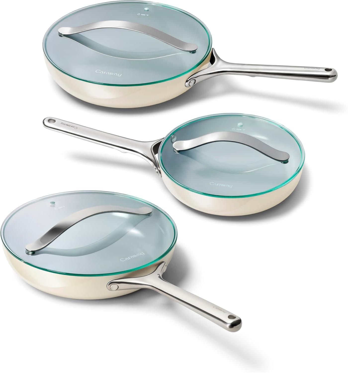 imageCaraway Ceramic Fry Pan Duo with Glass Lids NonStick Frying Pans 105 amp 8 Non Toxic PTFE amp PFOA Free Oven Safe amp Compatible with All Stovetops CreamCream