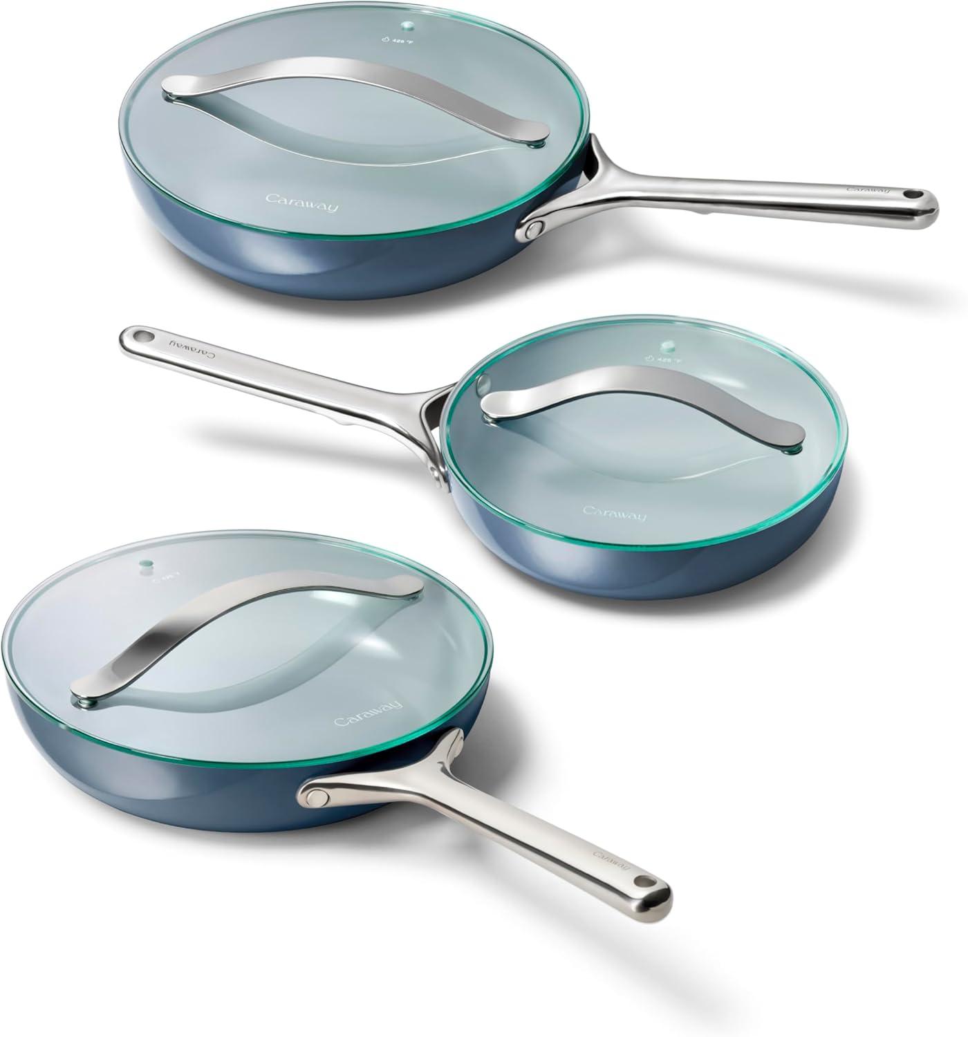 imageCaraway Ceramic Fry Pan Duo with Glass Lids NonStick Frying Pans 105 amp 8 Non Toxic PTFE amp PFOA Free Oven Safe amp Compatible with All Stovetops CreamNavy
