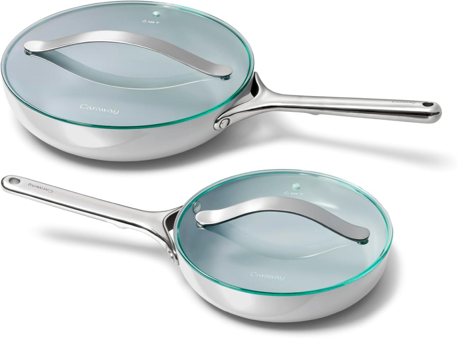 imageCaraway Ceramic Fry Pan Duo with Glass Lids NonStick Frying Pans 105 amp 8 Non Toxic PTFE amp PFOA Free Oven Safe amp Compatible with All Stovetops CreamGray