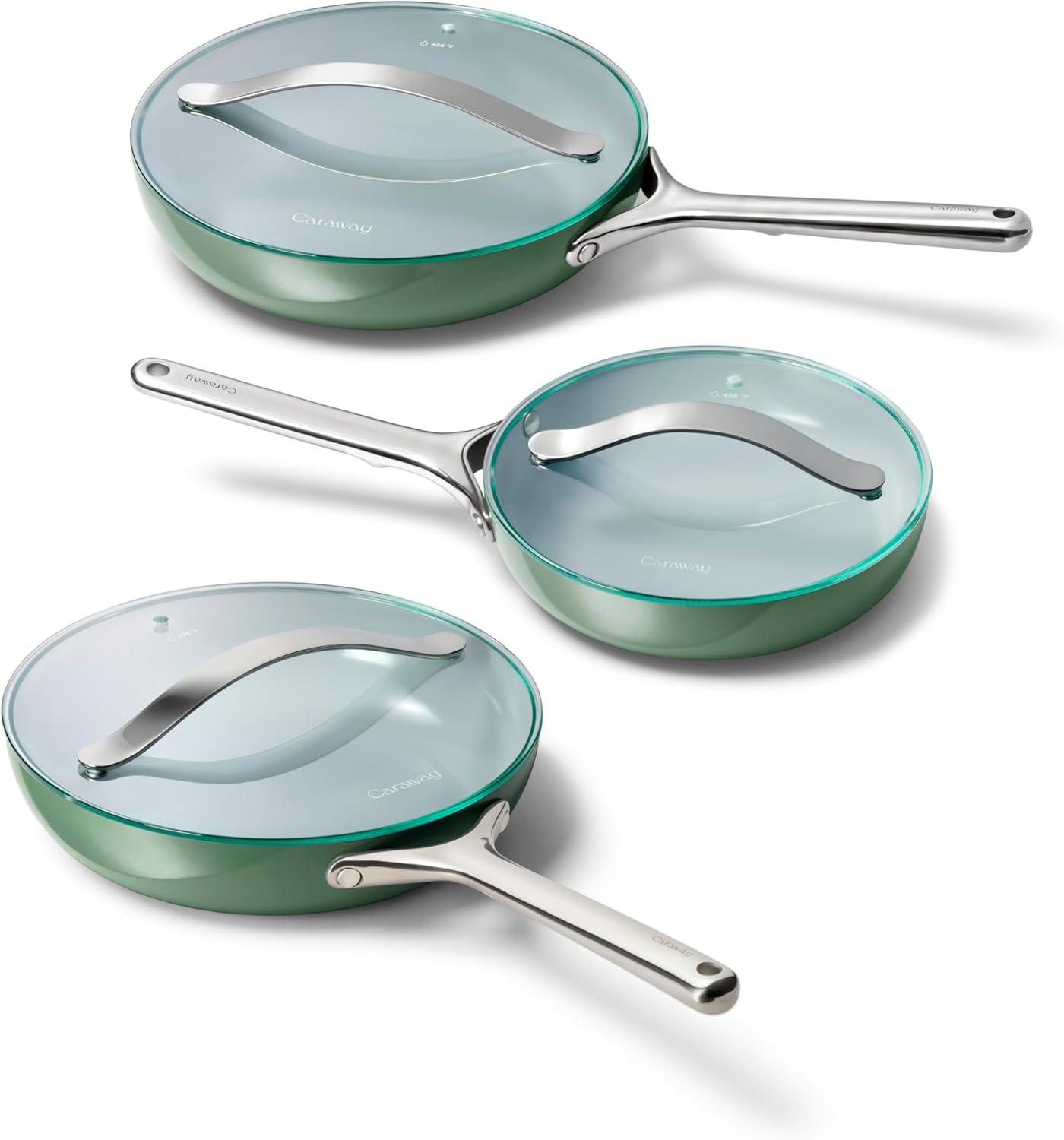 imageCaraway Ceramic Fry Pan Duo with Glass Lids NonStick Frying Pans 105 amp 8 Non Toxic PTFE amp PFOA Free Oven Safe amp Compatible with All Stovetops CreamSage